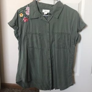 Green button up with embroidered flowers